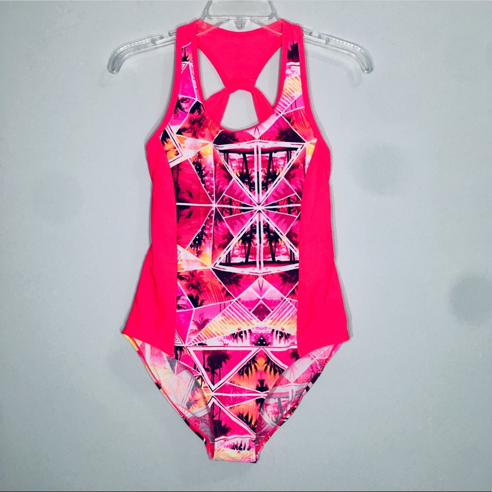 Girl Swimsuit Pink Palm Tree Graphic Print SZ12/14
